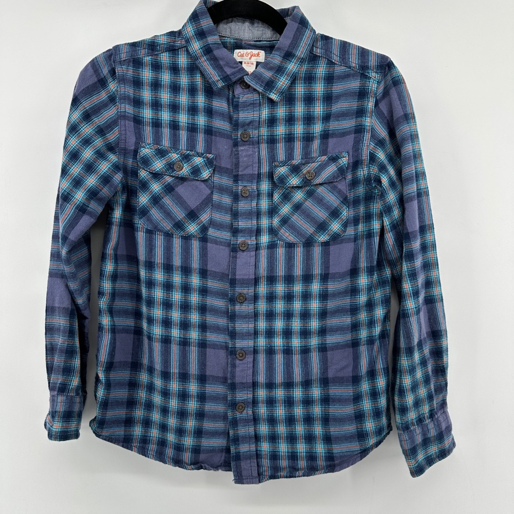 Cat & Jack Boys Blue Purple Plaid Long Sleeve Button Down Shirt Size M 8/10